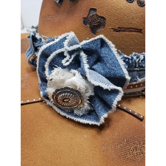 Distressed Western Cowgirl Hat W/ Denim Trim & Custom Stitching Boho Look main image 15